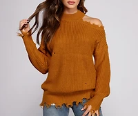 Distressed Cold Shoulder Crew Neck Sweater