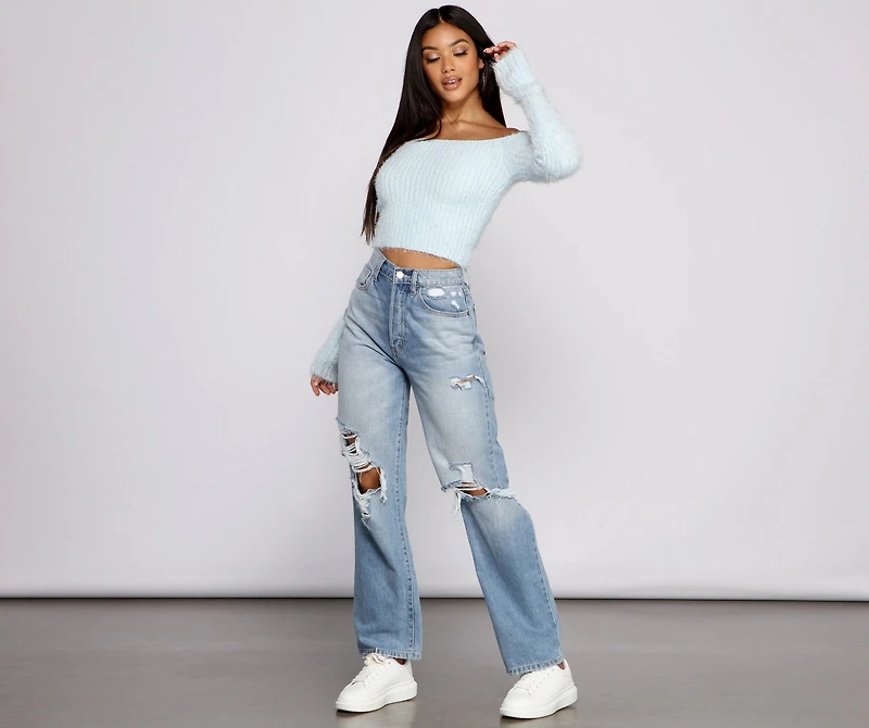 Off The Shoulder Ribbed Eyelash Knit Sweater