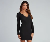 A Snap Long Sleeve Ribbed Dress