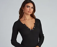 A Snap Long Sleeve Ribbed Dress