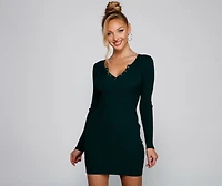 A Snap Long Sleeve Ribbed Dress