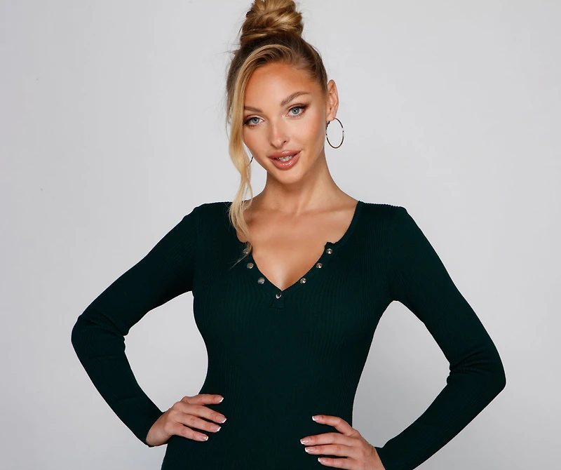 A Snap Long Sleeve Ribbed Dress