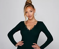 A Snap Long Sleeve Ribbed Dress