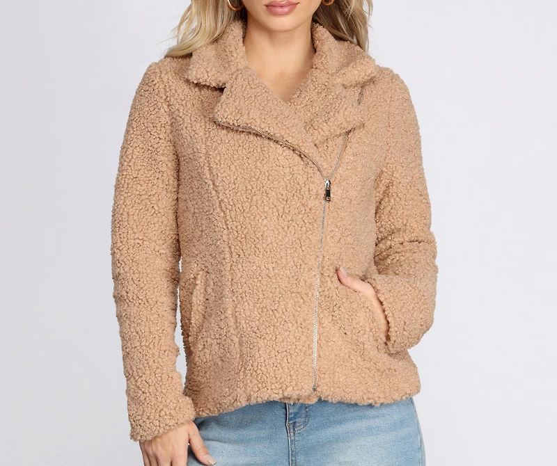 Asymmetrical Zip Front Teddy Jacket