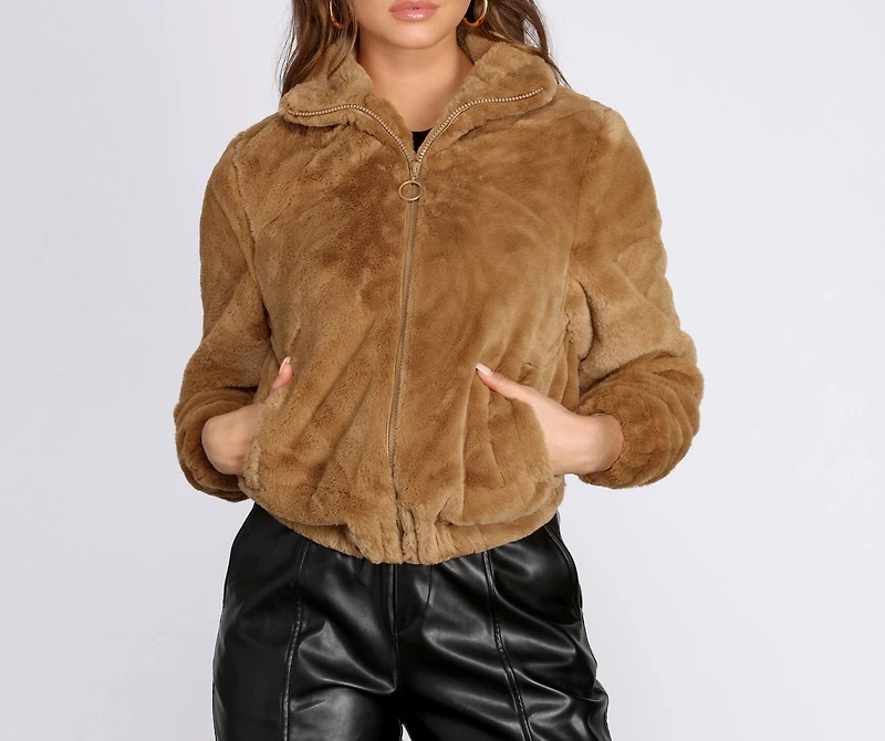 Faux Fur Collared Bomber Jacket