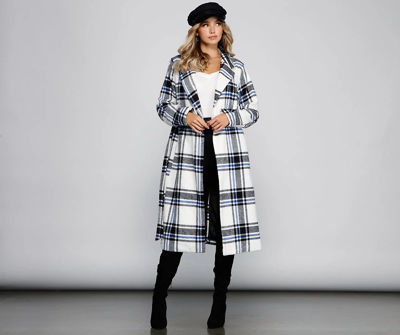 Polished Plaid Belted Trench Coat