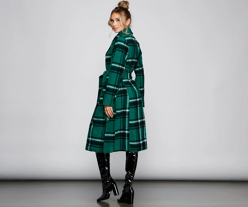 Polished Plaid Belted Trench Coat
