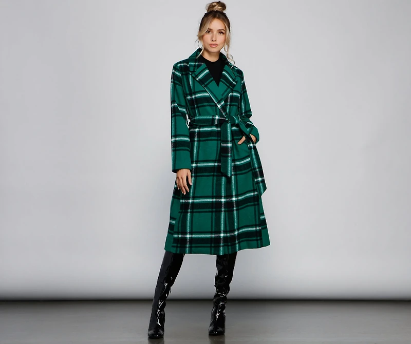 Polished Plaid Belted Trench Coat
