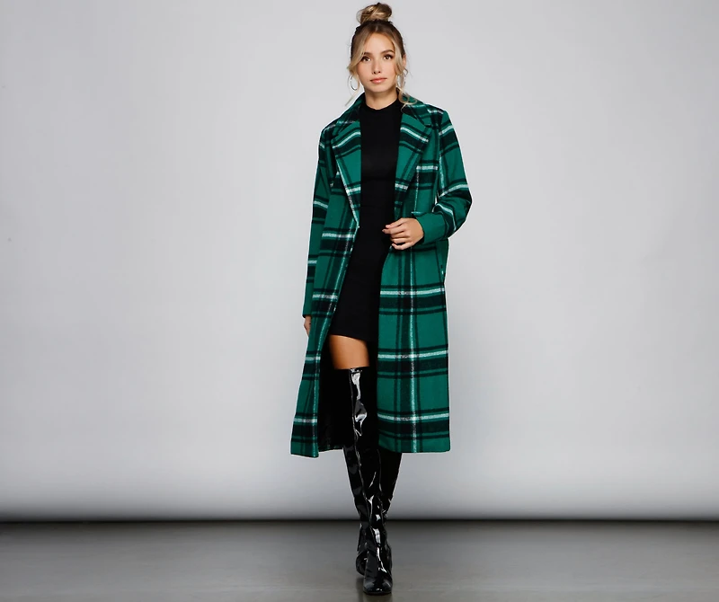Polished Plaid Belted Trench Coat