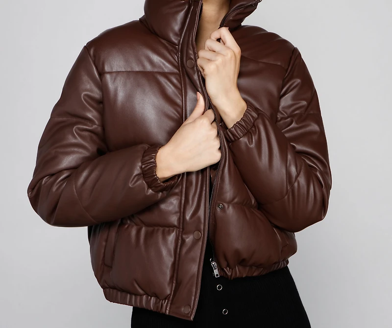 Stylish Edge Faux Leather Puffer Jacket