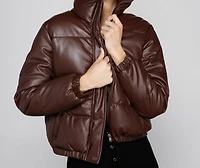 Stylish Edge Faux Leather Puffer Jacket