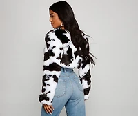 Faux Fur Cropped Cow Print Jacket