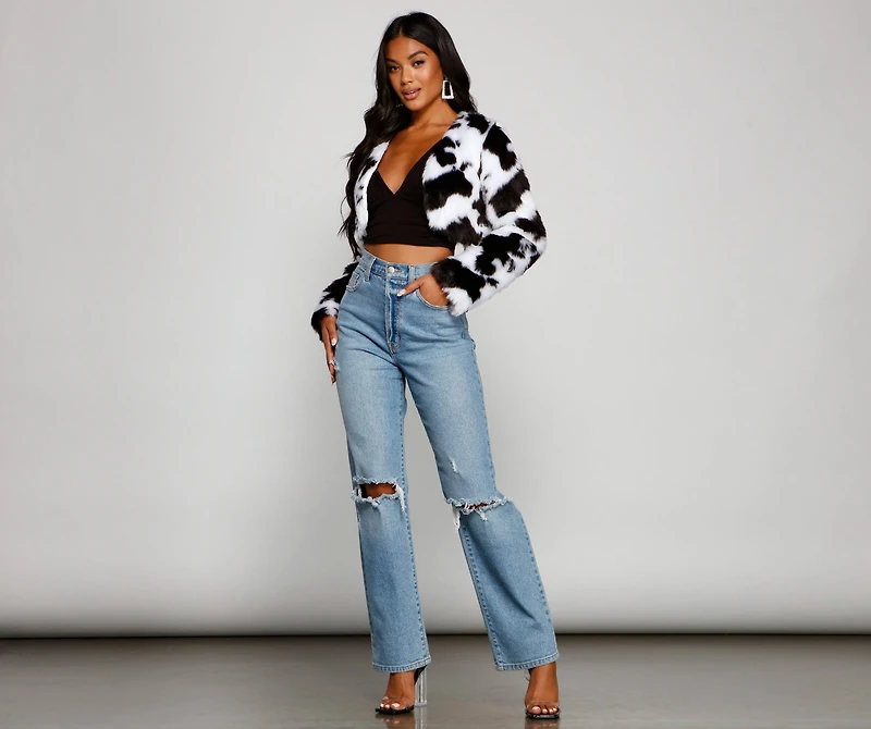 Faux Fur Cropped Cow Print Jacket