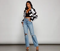 Faux Fur Cropped Cow Print Jacket