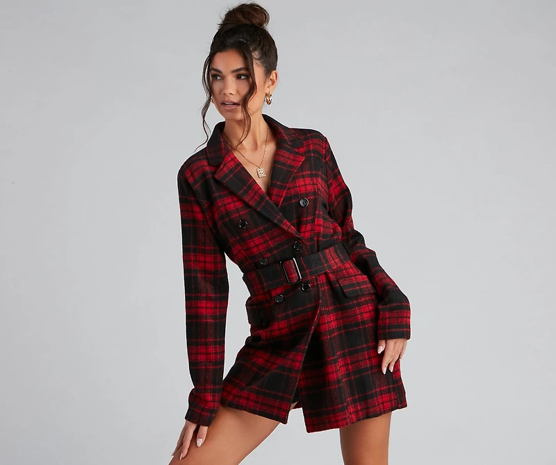 Timeless Chic Plaid Belted Faux Wool Jacket