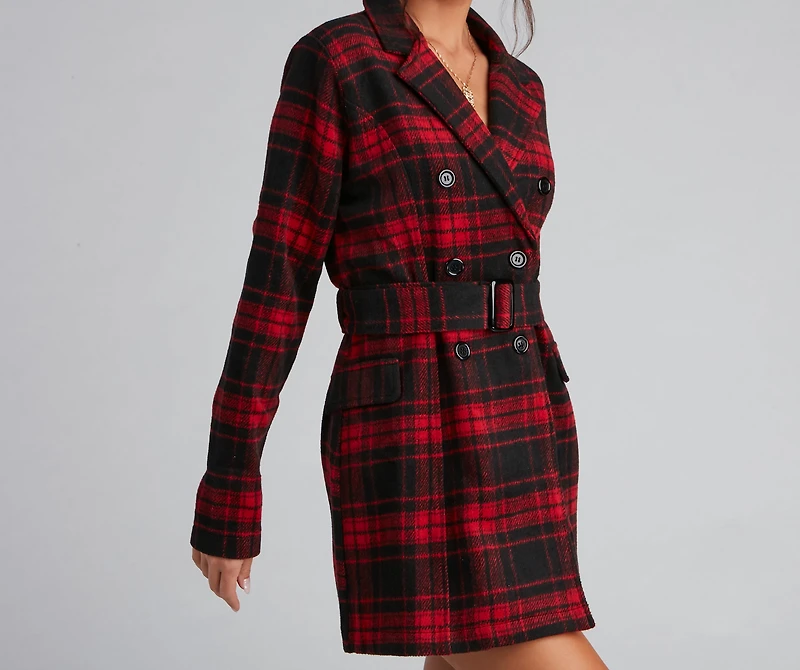 Timeless Chic Plaid Belted Faux Wool Jacket