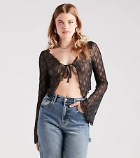 Texture Babe Bell Sleeve Tie-Front Crop Top