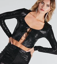 All Sequin Dual Tie Front Crop Top