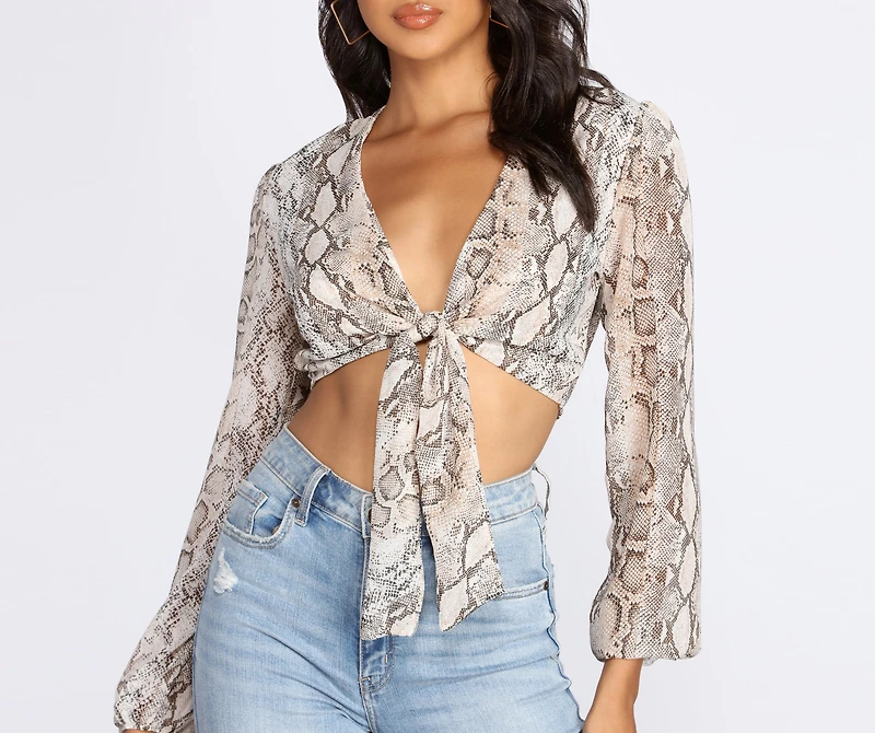 Snake Print Long Sleeve Crop Top