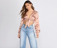 Satin Floral Tie Front Top