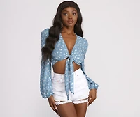 Cropped Tie Front Woven Floral Top