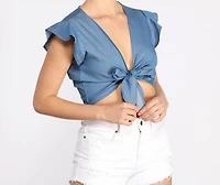 Why Knot Flutter Sleeve Chambray Tie Front Top