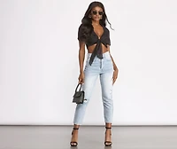 Chiffon Cap Sleeve Tie Front Crop Top