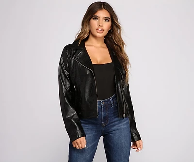 Croc Embossed Faux Leather Moto Jacket