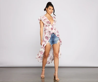 Floral Flutter Sleeve Chiffon High-Low Duster