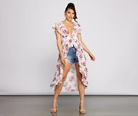 Floral Flutter Sleeve Chiffon High-Low Duster