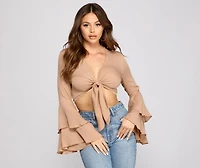 Woven Tie Front Bell Sleeve Crop Top