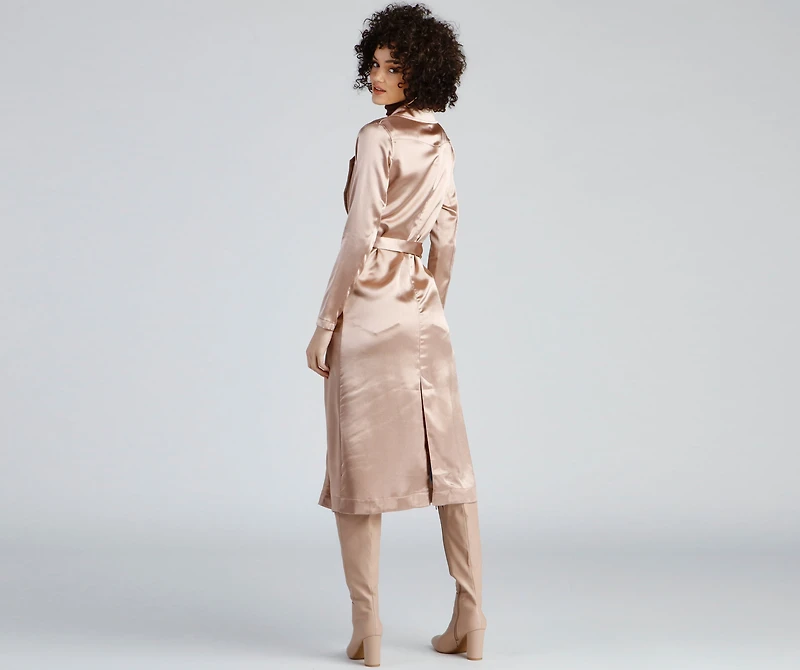 Sleek Sophistication Belted Satin Trench