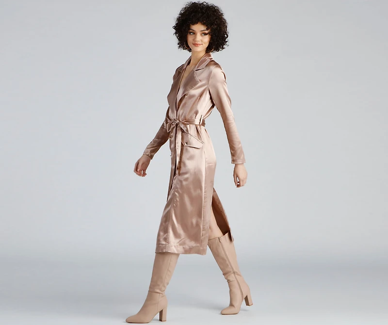 Sleek Sophistication Belted Satin Trench