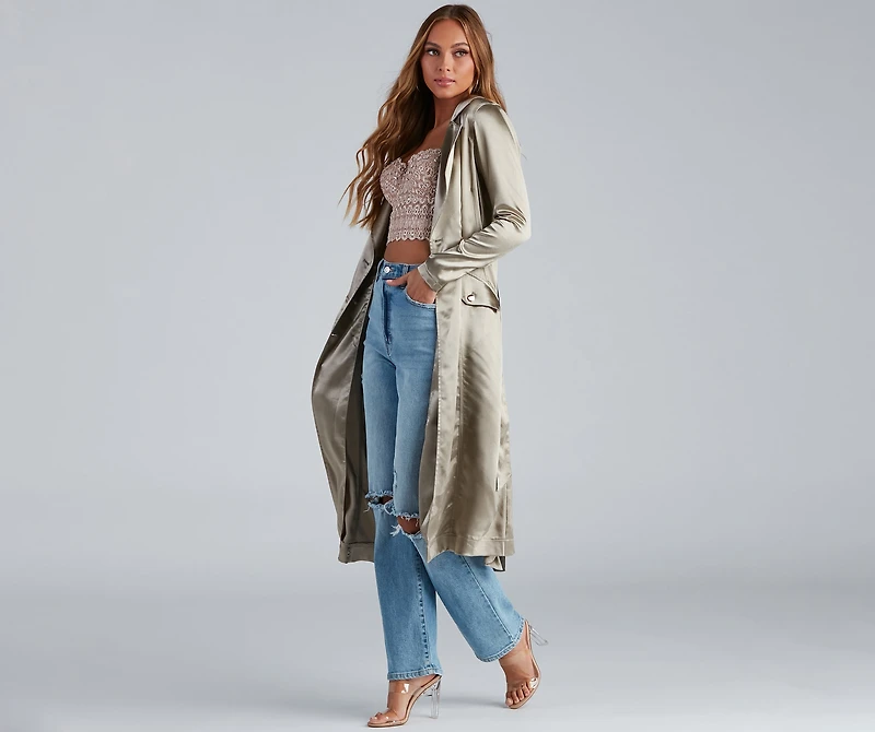 Sleek Sophistication Belted Satin Trench