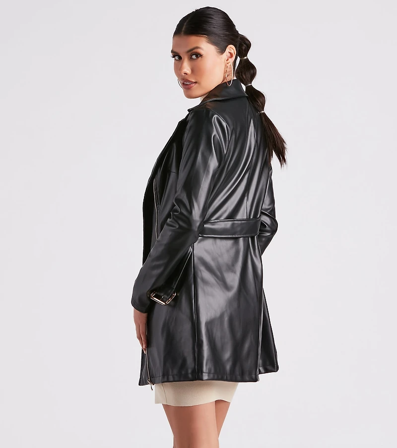 Cinched And Chic Faux Leather Trench Coat