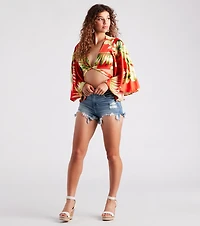 Cancun Chica Tropical Satin Tie Front Top