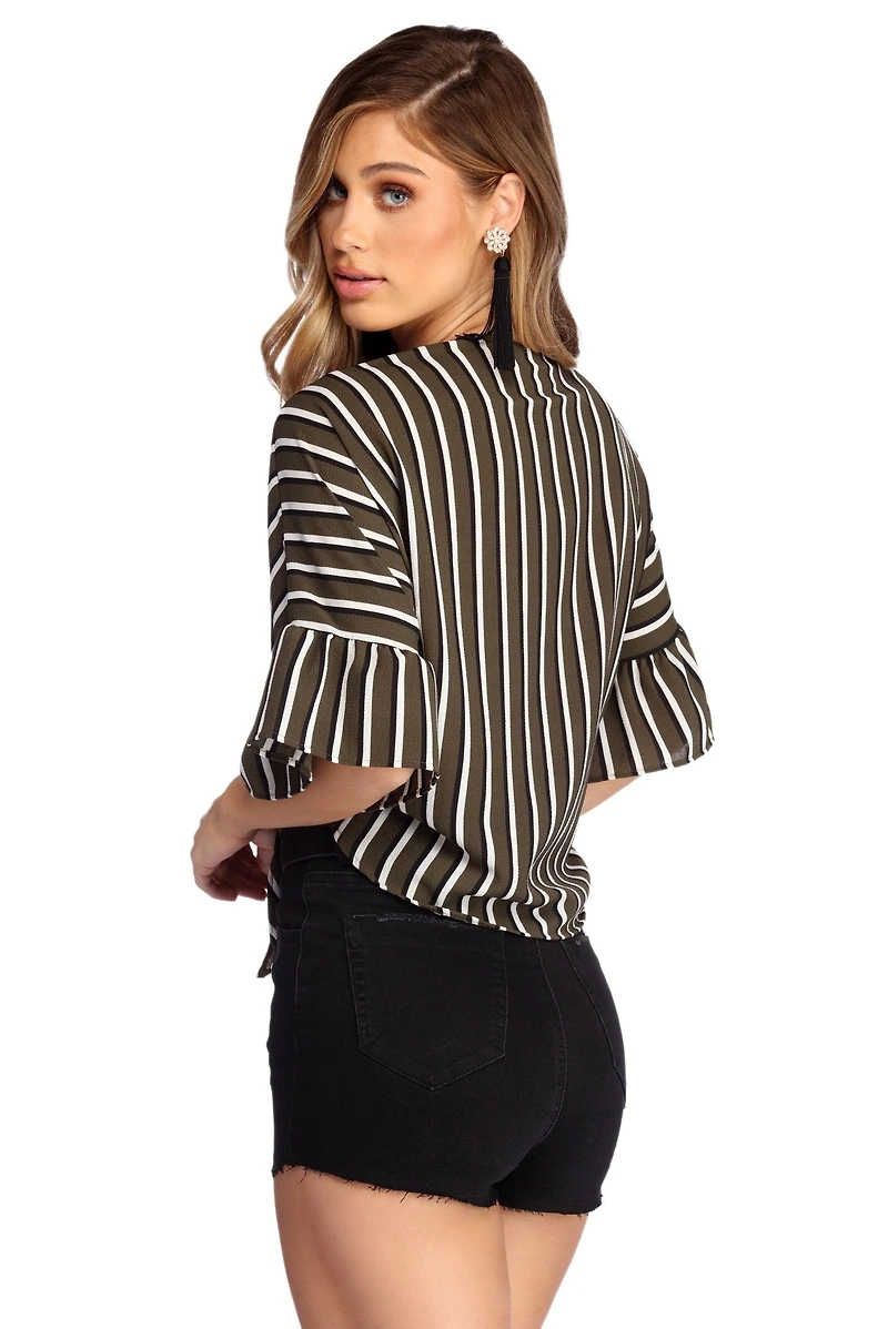Striped And Ruffled Tie Front Top