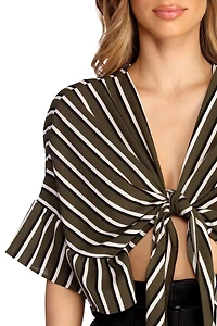 Striped And Ruffled Tie Front Top