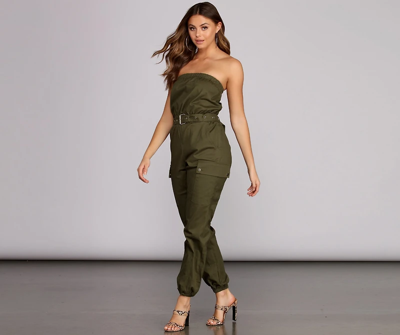 Bold And Belted Strapless Jumpsuit