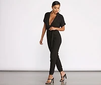Short Sleeve Tie Waist Utility Jumpsuit