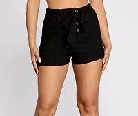 Tie Waist Button Front Twill Shorts