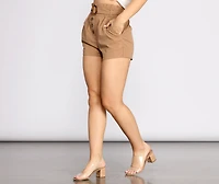 Belted Button Detail Paper Bag Shorts