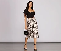 Satin Flare Leopard Midi Skirt