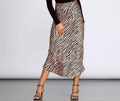 Zebra Flared Midi Satin Skirt