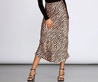 Zebra Flared Midi Satin Skirt