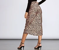 Zebra Flared Midi Satin Skirt
