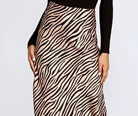 Zebra Flared Midi Satin Skirt