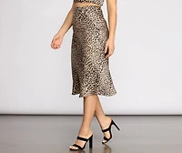 Feline Myself Satin Leopard Flare Midi Skirt