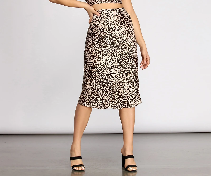 Feline Myself Satin Leopard Flare Midi Skirt