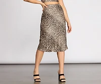 Feline Myself Satin Leopard Flare Midi Skirt